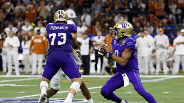 Jan 1, 2024; New Orleans, LA, USA; Washington Huskies quarterback Michael Penix Jr. (9) looks to pass the ball against the Texas Longhorns during the second half of the 2024 Sugar Bowl college football playoff semifinal game at Caesars Superdome.